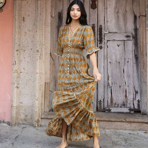 Fox & Mermaid NWT Block Print Boho Maxi Dress Brown Cottagecore L